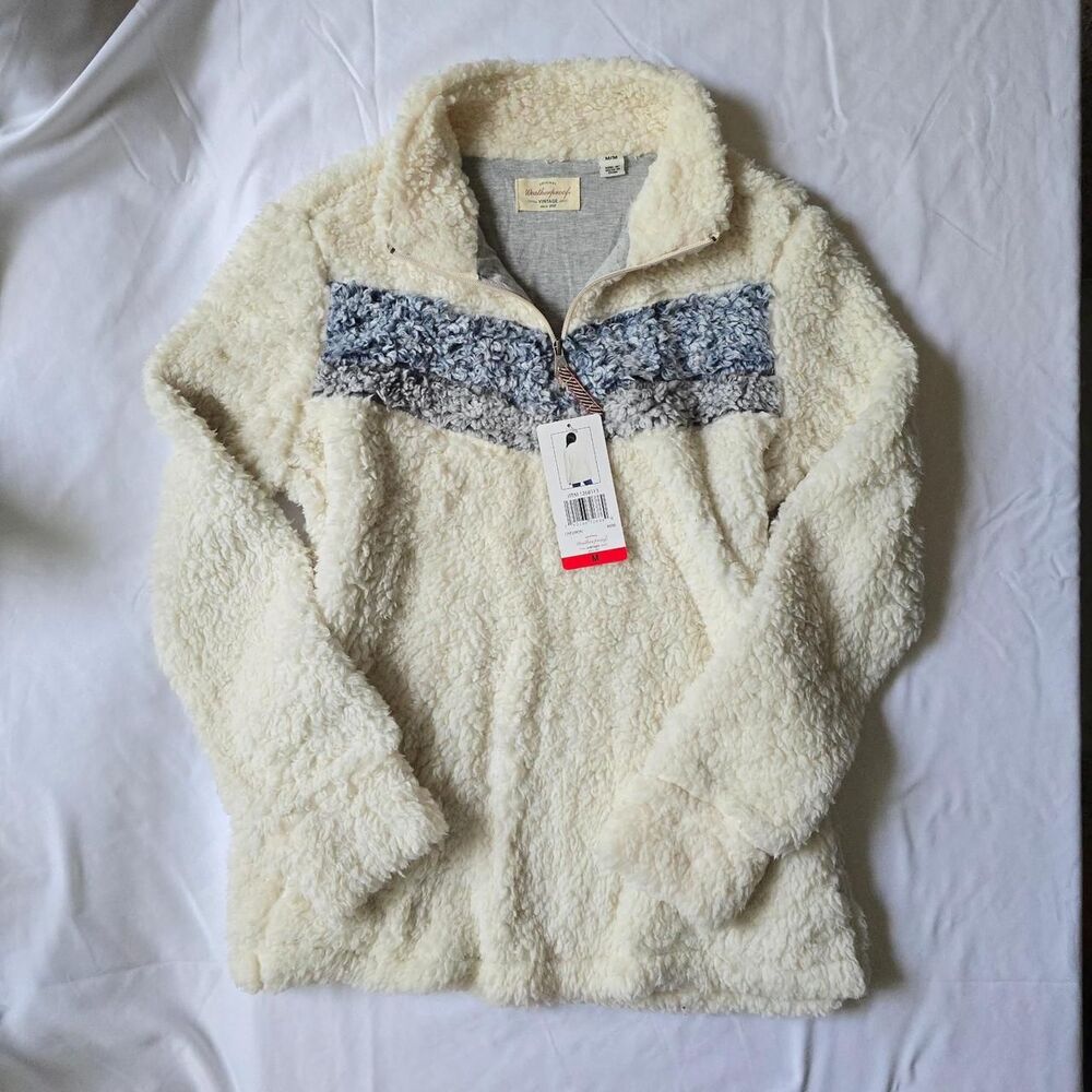 Weatherproof Vintage Cream Blue Chevron Sherpa Quarter Zip Pullover